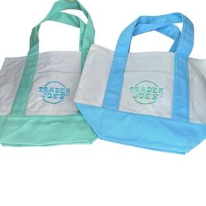 Bundle of‎ 2 Trader Joe’s mini tote Pastel green and blue mini canvas bags